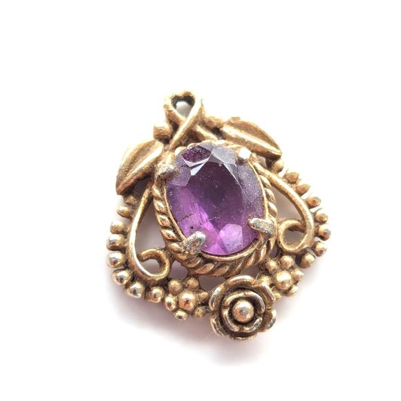 Vintage Antique Gold Tone Victorian Style Faceted Amethyst Ornate Floral Pendant - Picture 1 of 3